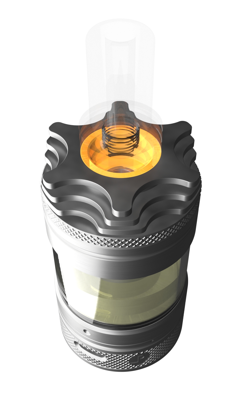 Ansicht eines Verdampfers von oben. Die Driptip-Aufnahme wurde farbig markiert.